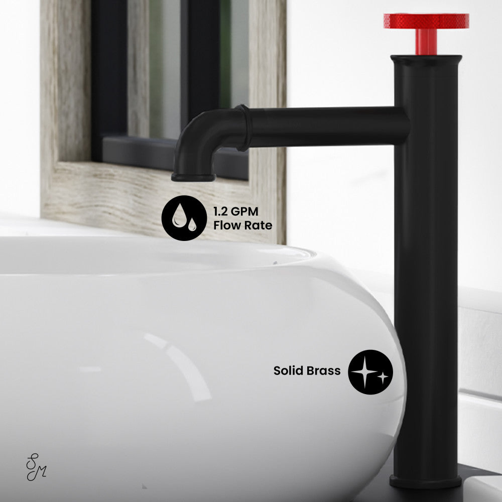 Swiss Madison Avallon Single Hole, Single-Handle Wheel, High Arc Bathroom Faucet in Matte Black with Red Handles