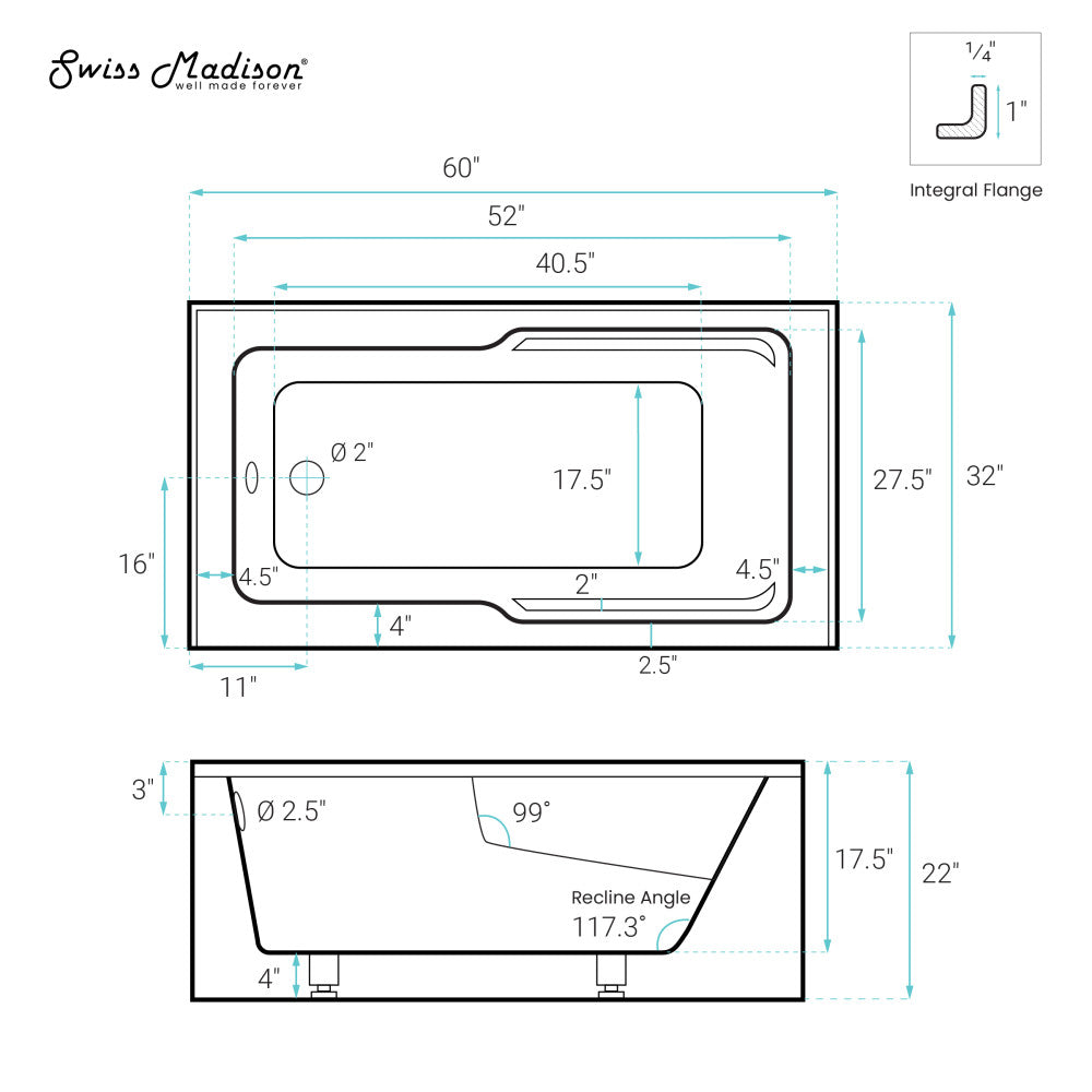 Swiss Madison Claire 60" x 32" Left-Hand Drain Drain Alcove Tub with Corner Apron