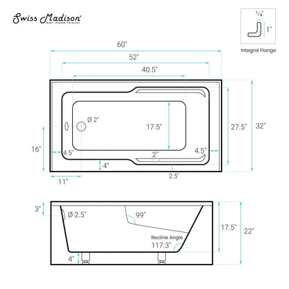 Swiss Madison Claire 60" x 32" Left-Hand Drain Drain Alcove Tub with Corner Apron