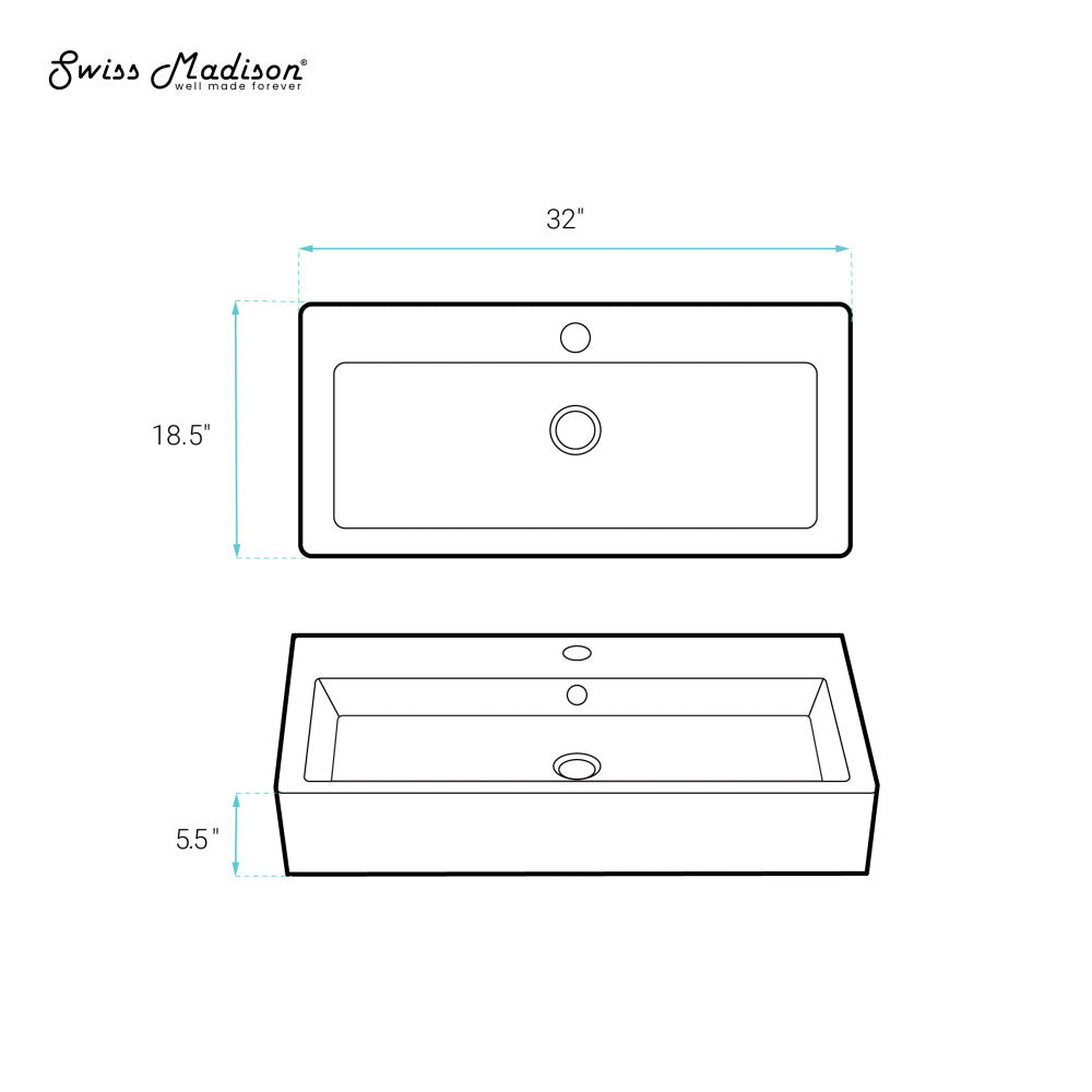 Swiss Madison Voltaire 32" Rectangle Vessel Sink in Glossy White with Faucet Mount