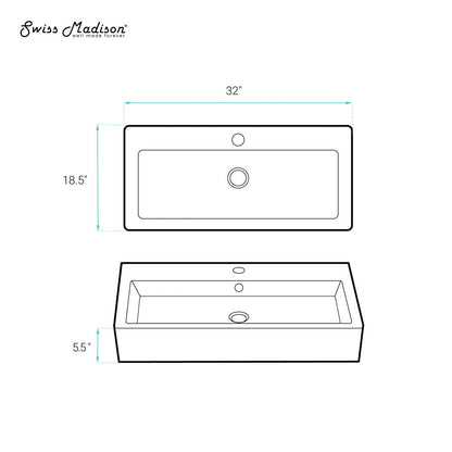 Swiss Madison Voltaire 32" Rectangle Vessel Sink in Glossy White with Faucet Mount