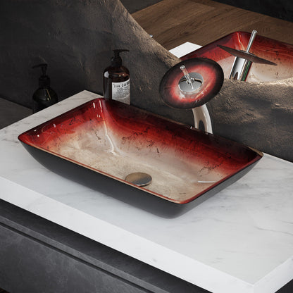 Swiss Madison Cascade Rectangular Glass Vessel Sink with Faucet, Ember Red