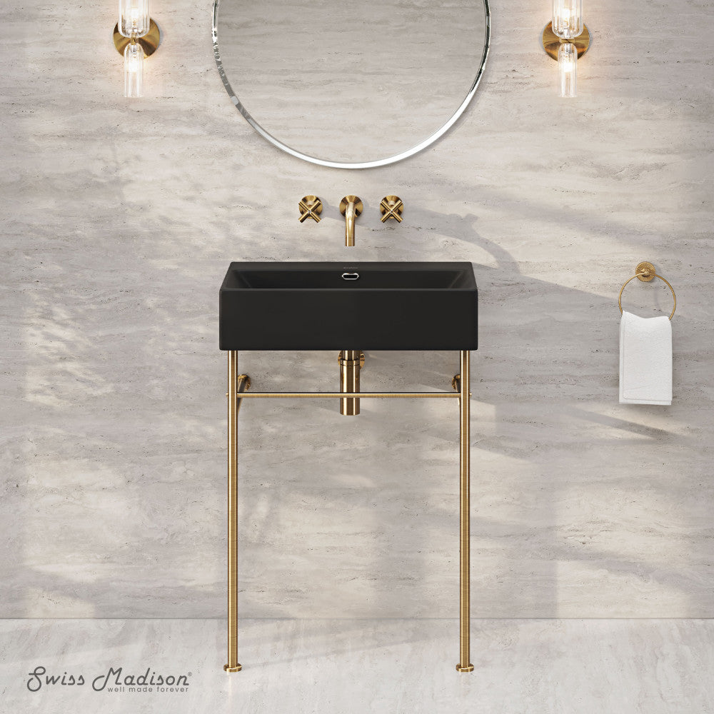 Swiss Madison Claire 24" Rectangle Matte Black Zero Hole Console Sink with Brushed Gold Legs