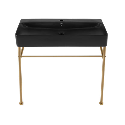 Swiss Madison Carre 36 Ceramic Console Sink Matte Black Basin Brushed Gold Legs