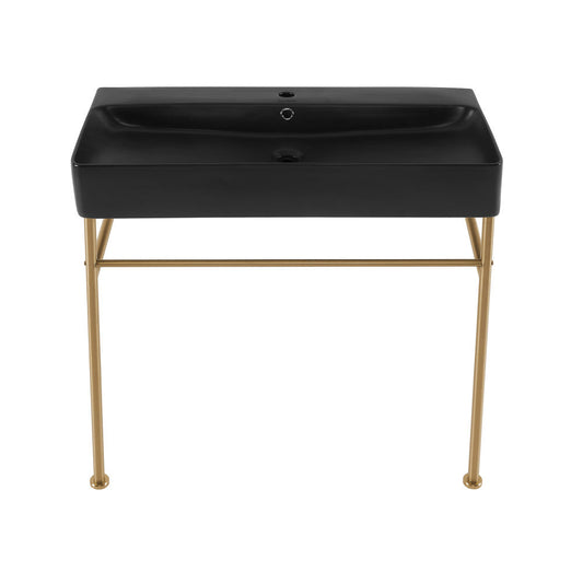 Swiss Madison Carre 36 Ceramic Console Sink Matte Black Basin Brushed Gold Legs