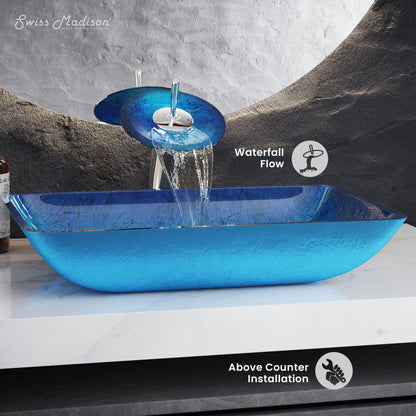 Swiss Madison Cascade Rectangular Glass Vessel Sink with Faucet, Ocean Blue