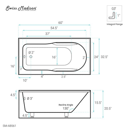 Swiss Madison Concorde 60" x 32" Acrylic Glossy White, Alcove, Integral, Left-Hand Drain, Apron Bathtub