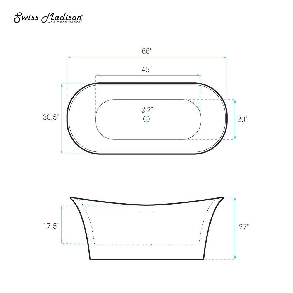 Swiss Madison Cascade 66" Double Slipper Soaking Freestanding Bathtub in Glossy White, Drain Included