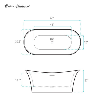 Swiss Madison Cascade 66" Double Slipper Soaking Freestanding Bathtub in Glossy White, Drain Included