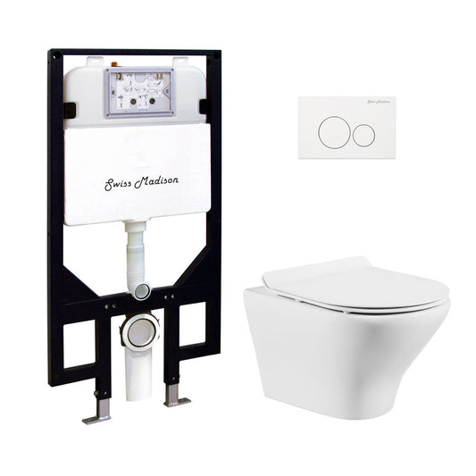 Swiss Madison Monaco Wall-Hung Toilet Bundle 0.8/1.6 GPF Dual Flush in Glossy White with White Flush Plate