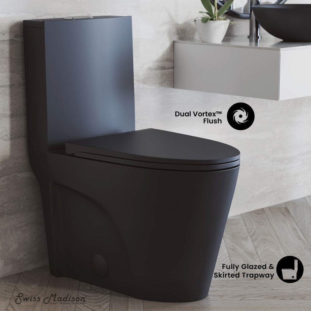 Swiss Madison St. Tropez One Piece Elongated Toilet Dual Vortex Flush 1.1/1.6 gpf with 10" Rough-In, Matte Black