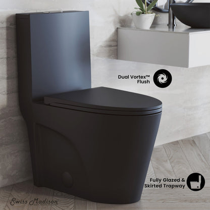 Swiss Madison St. Tropez One Piece Elongated Toilet Dual Vortex Flush 1.1/1.6 gpf with 10" Rough-In, Matte Black