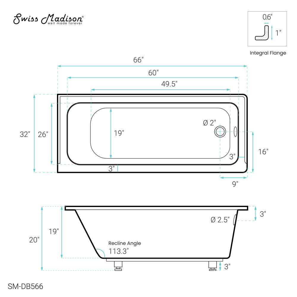 Swiss Madison Voltaire 66" x 32" Right-Hand Drain Alcove Bathtub