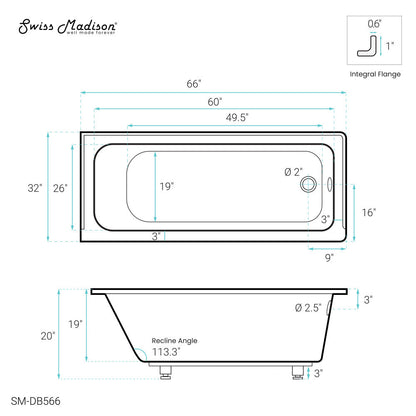 Swiss Madison Voltaire 66" x 32" Right-Hand Drain Alcove Bathtub