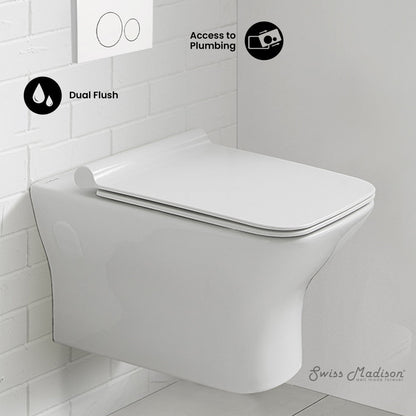 Swiss Madison Carre Wall-Hung Toilet Bundle 0.8/1.6 GPF Dual Flush in Glossy White with White Flush Plate