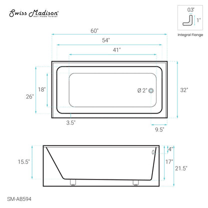 Swiss Madison Voltaire 60" x 32" Right-Hand Drain Alcove Bathtub with Apron
