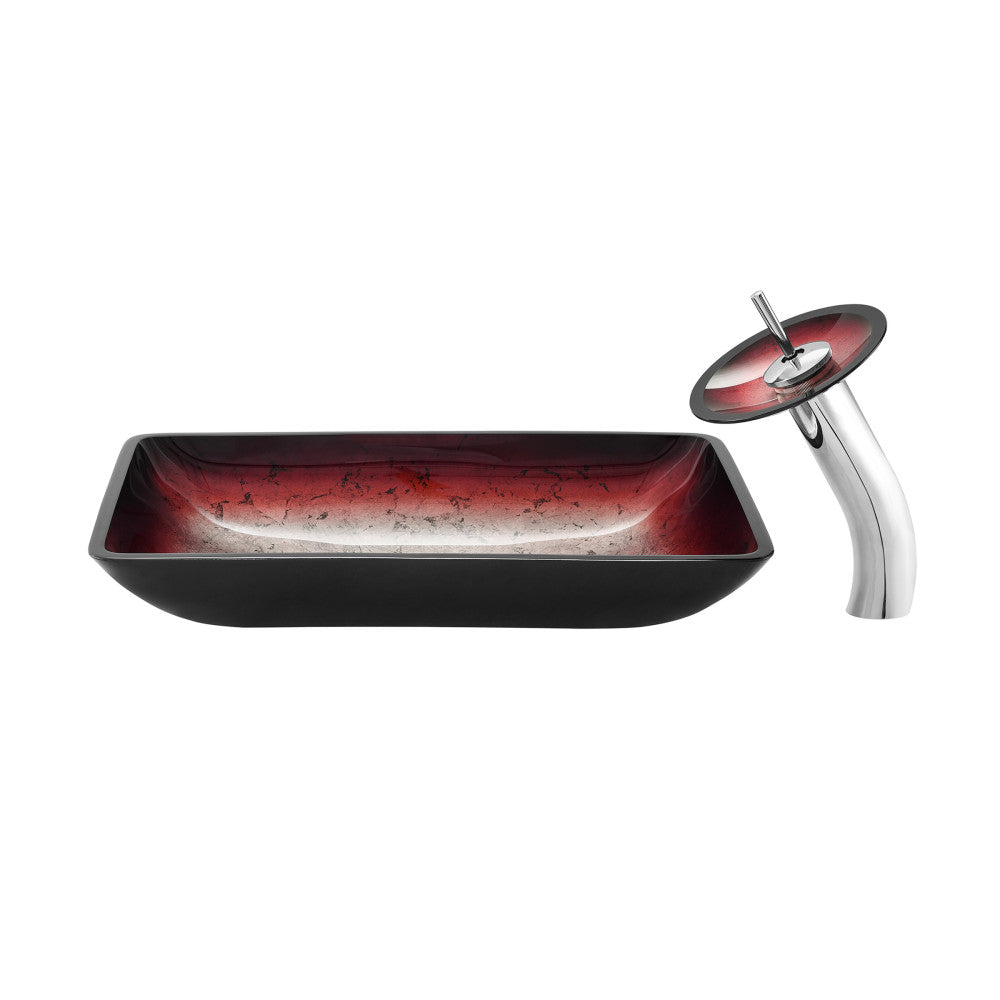 Swiss Madison Cascade Rectangular Glass Vessel Sink with Faucet, Ember Red