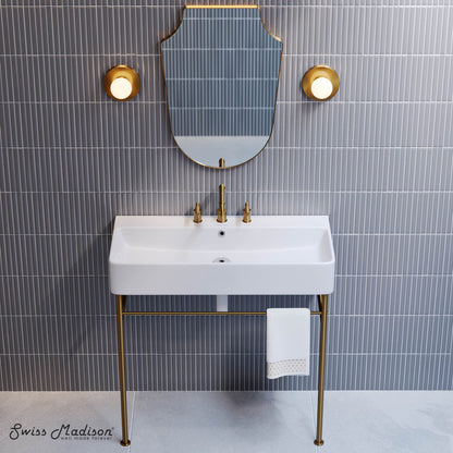 Swiss Madison Carre 36" Console Sink White Basin Brushed Gold Legs with 8" Widespread Holes