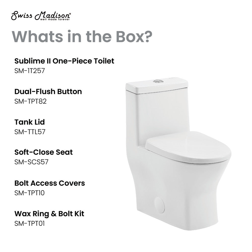 Swiss Madison Sublime II One-Piece 12" Rough-in 1.1/1.6 GPF Dual Top Flush Round Compact Toilet in Glossy White