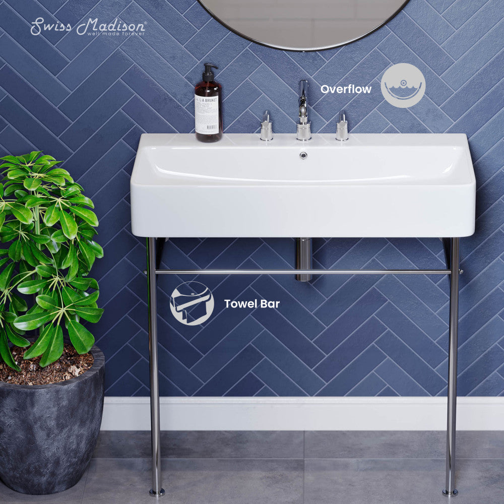 Swiss Madison Carre 36" Console Sink White Basin Chrome Legs with 8" Widespread Holes
