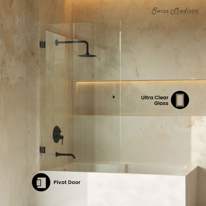 Swiss Madison Voltaire 24 x 58 Frameless Pivot 3/8 in. (10mm) Ultra Clear Tempered Glass Tub Door with Black Matte Hardware