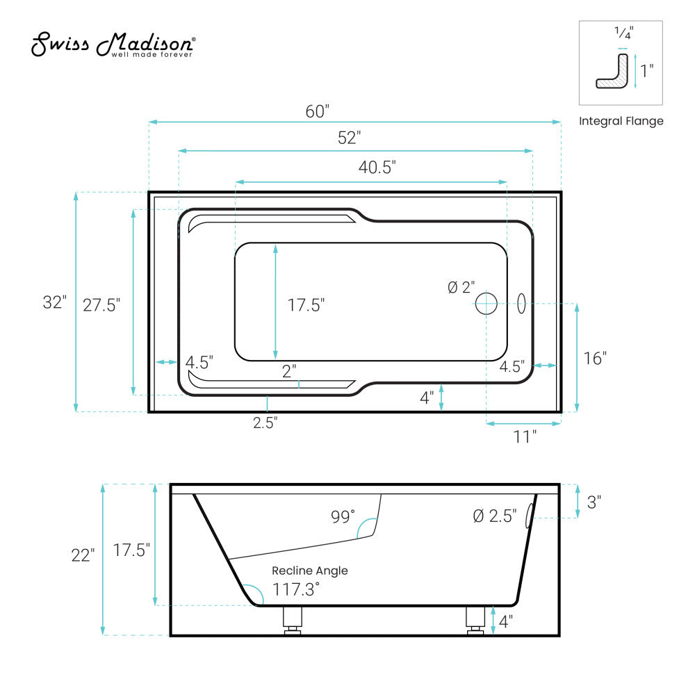 Swiss Madison Claire 60" x 32" Right-Hand Drain Drain Alcove Tub with Corner Apron