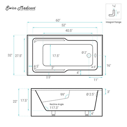 Swiss Madison Claire 60" x 32" Right-Hand Drain Drain Alcove Tub with Corner Apron