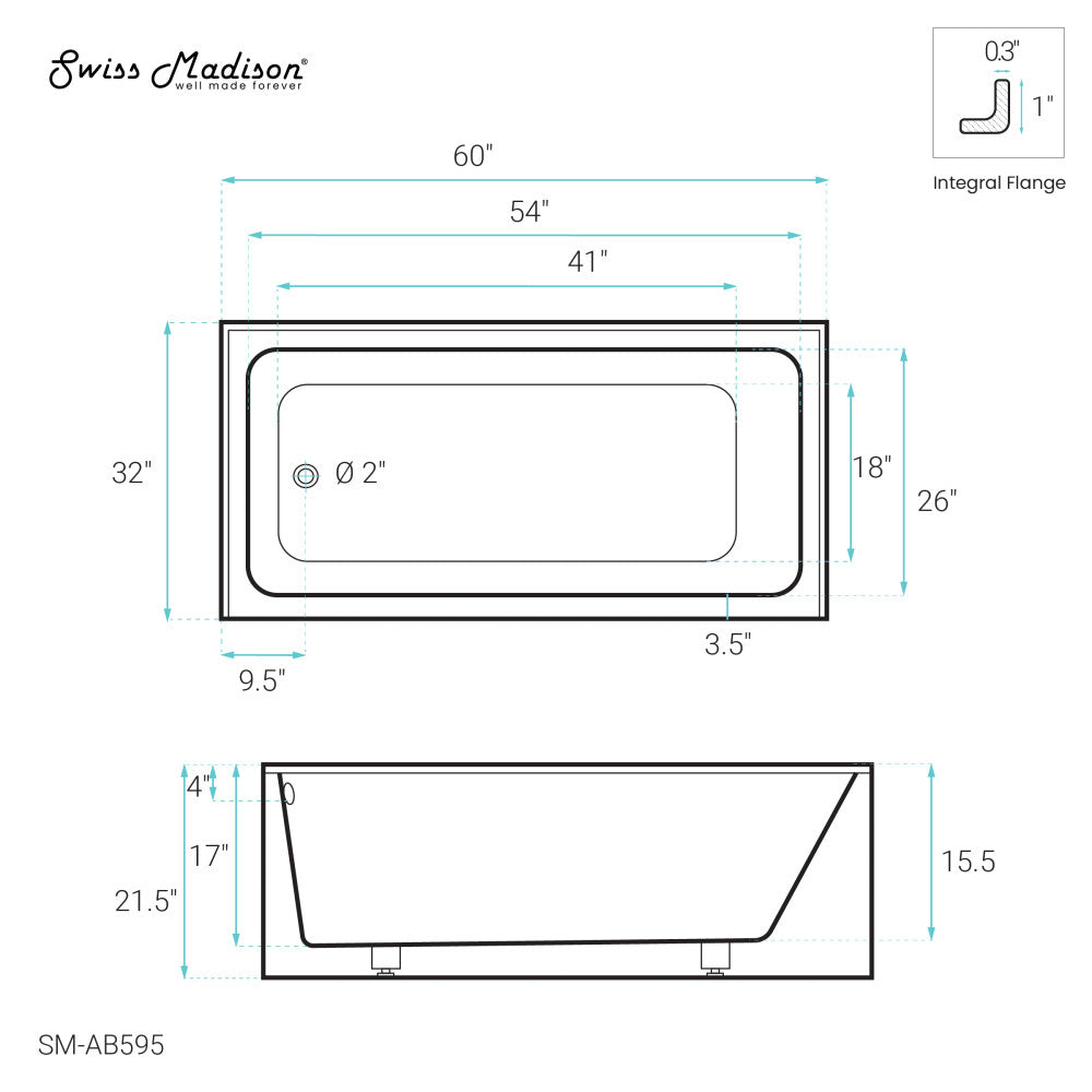 Swiss Madison Voltaire 60" x 32" Left-Hand Drain Alcove Bathtub with Apron
