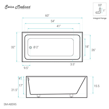 Swiss Madison Voltaire 60" x 32" Left-Hand Drain Alcove Bathtub with Apron