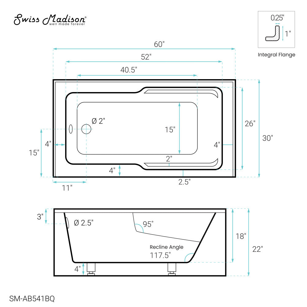 Swiss Madison Voltaire 60" x 30" Left-Hand Drain Alcove Bathtub with Apron in Bisque