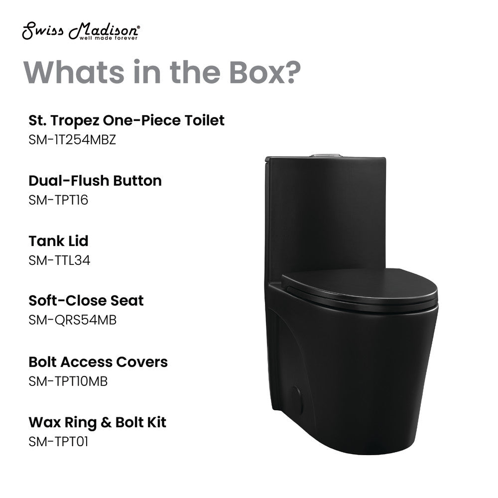 Swiss Madison St. Tropez One Piece Elongated Toilet Dual Vortex Flush 1.1/1.6 gpf with 10" Rough-In, Matte Black