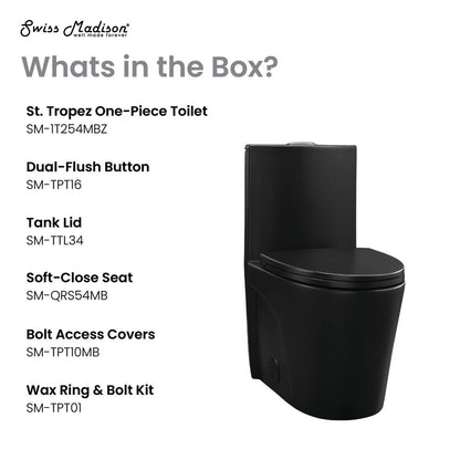Swiss Madison St. Tropez One Piece Elongated Toilet Dual Vortex Flush 1.1/1.6 gpf with 10" Rough-In, Matte Black