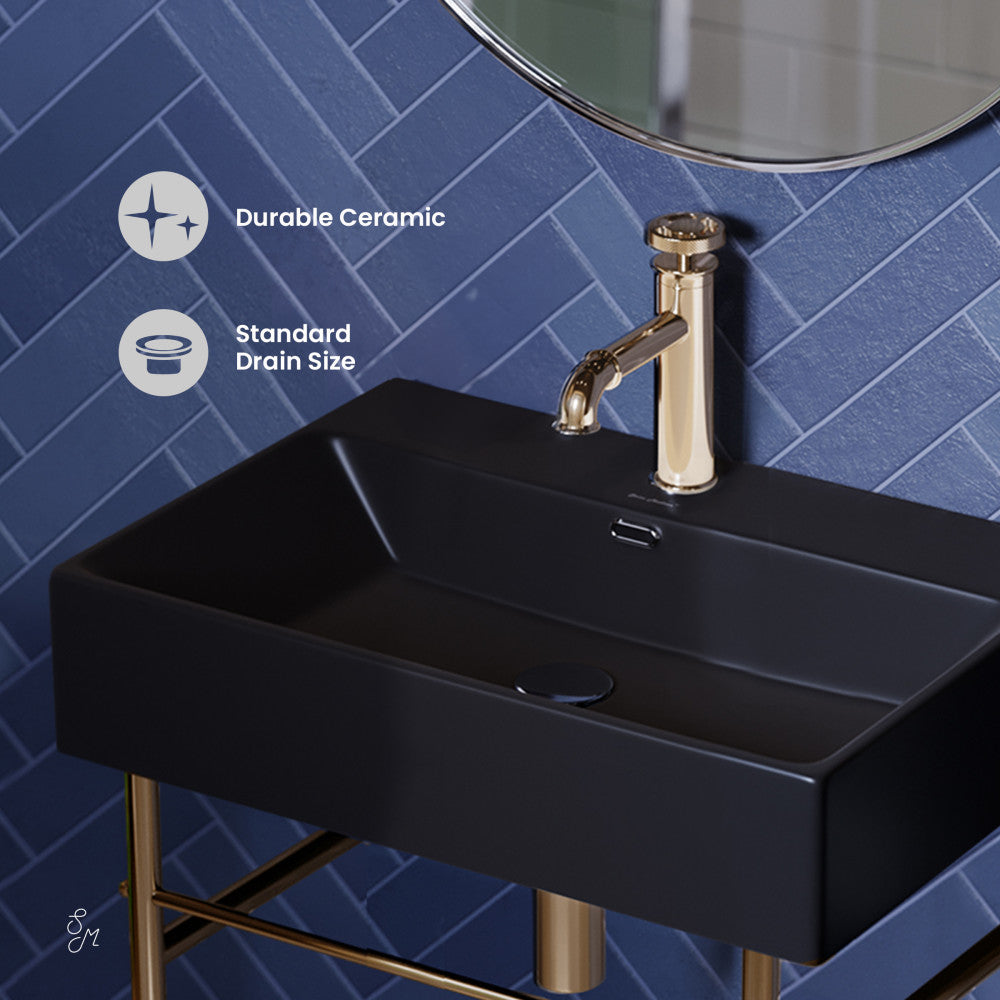 Swiss Madison Claire 24 Ceramic Console Sink Matte Black Basin Gold Legs