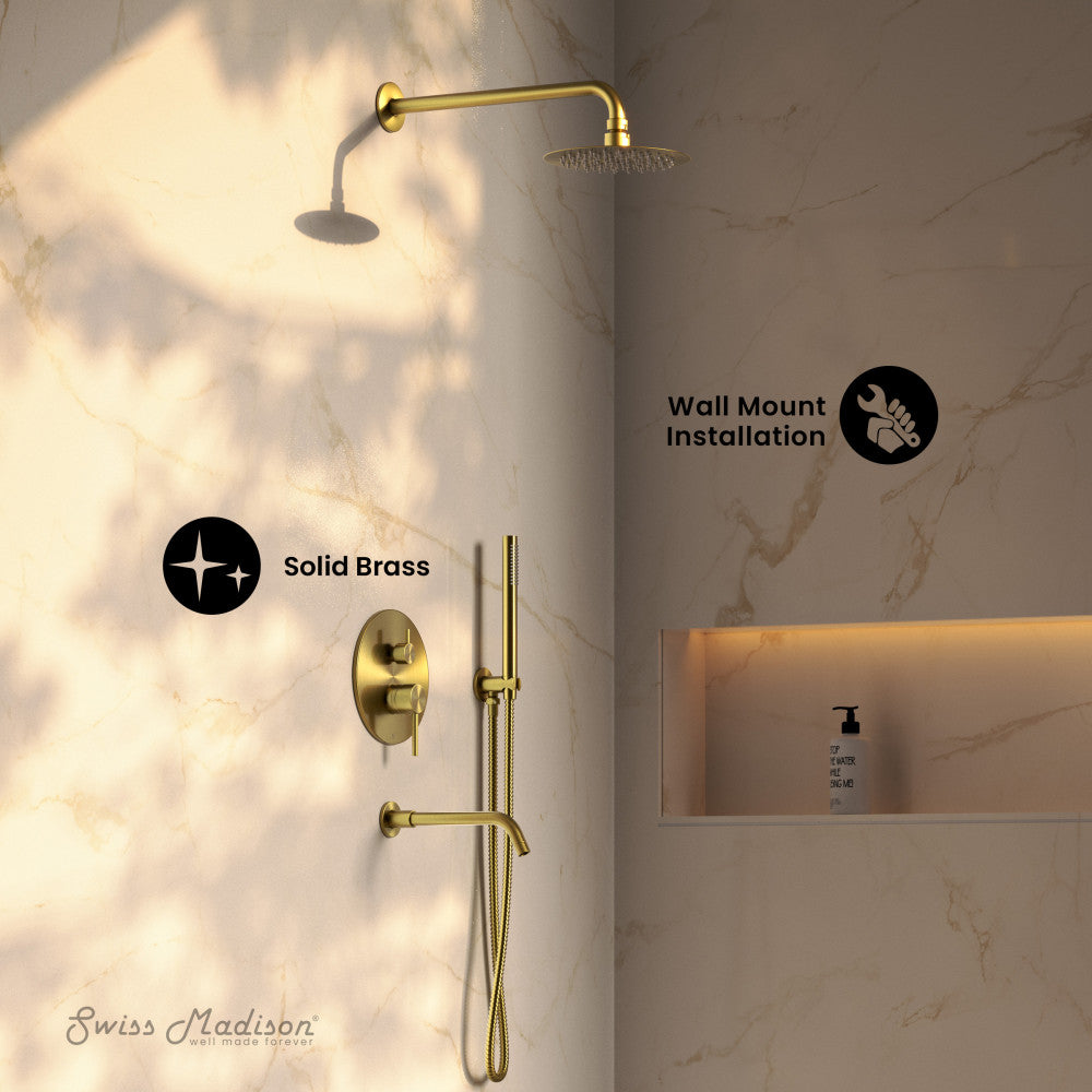 Swiss Madison Ivy 1.8 GPM Wall Mount Fixed Shower Head with Hand Sprayer and Tub Filler in Brushed Gold, Valve Included