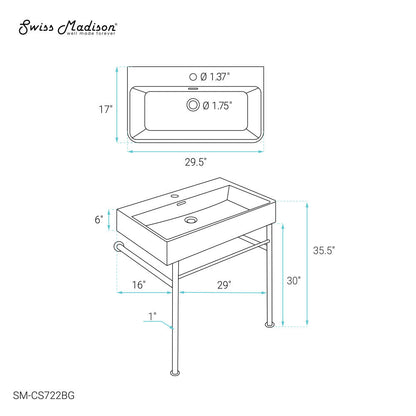 Swiss Madison Claire 30 Ceramic Console Sink White Basin Brushed Gold Legs