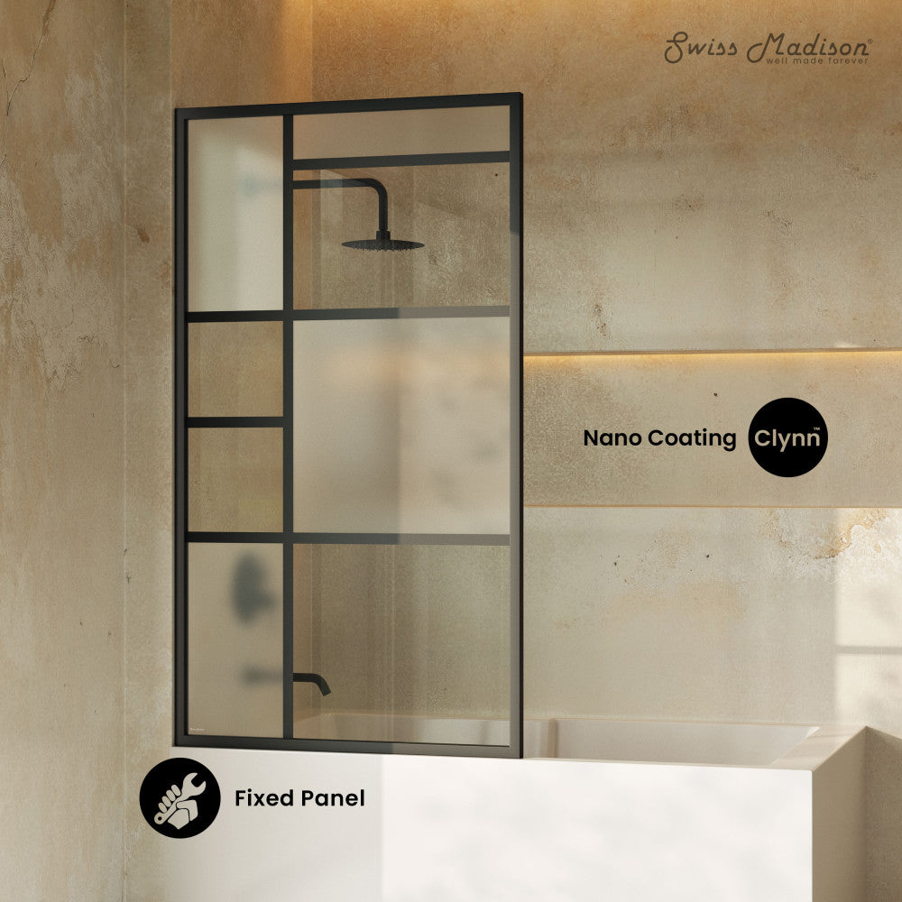 Swiss Madison Leiden 34 x 58 Framed Fixed 3/8 in. (10mm) Frosted Tempered Glass Tub Door with Black Matte Frame