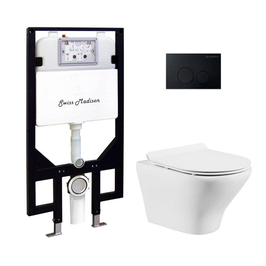 Swiss Madison Monaco Wall-Hung Toilet Bundle 0.8/1.6 GPF Dual Flush in Glossy White with Black Flush Plate