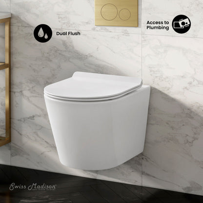 Swiss Madison Calice Wall-Hung Toilet Bundle 0.8/1.6 GPF Dual Flush in Glossy White with Brass Flush Plate