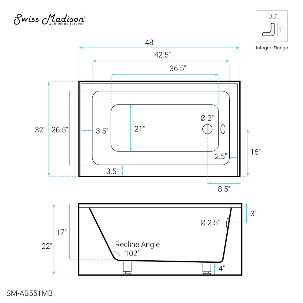 Swiss Madison Voltaire 48" x 32" Right-Hand Drain Alcove Bathtub with Apron in Matte Black
