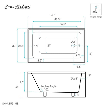 Swiss Madison Voltaire 48" x 32" Right-Hand Drain Alcove Bathtub with Apron in Matte Black