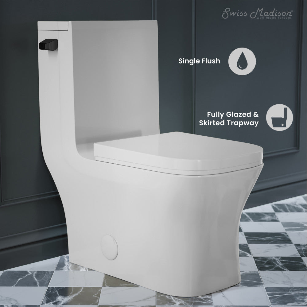 Swiss Madison Concorde One-Piece 12" Rough-in 1.28 GPF Left-Hand Flush Square Toilet in Glossy White with Black Hardware