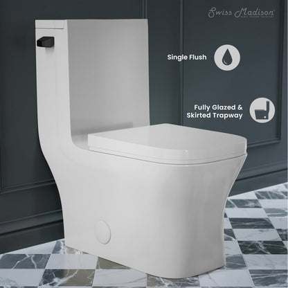 Swiss Madison Concorde One-Piece 12" Rough-in 1.28 GPF Left-Hand Flush Square Toilet in Glossy White with Black Hardware