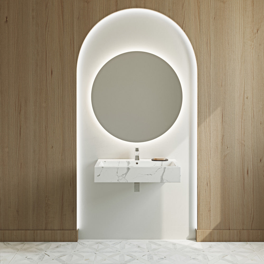Swiss Madison Voltaire Wide Rectangle Wall Hung Sink in White Marble