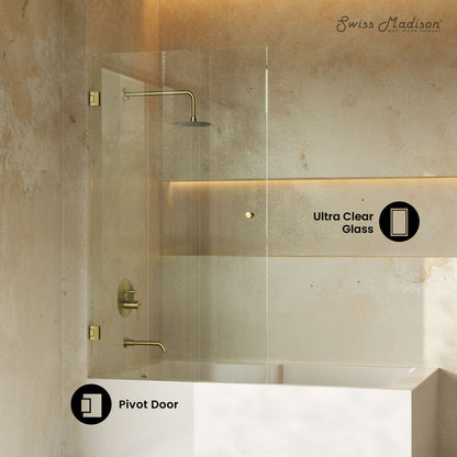 Swiss Madison Voltaire 24 x 58 Frameless Pivot 3/8 in. (10mm) Ultra Clear Tempered Glass Tub Door with Gold Brushed Hardware