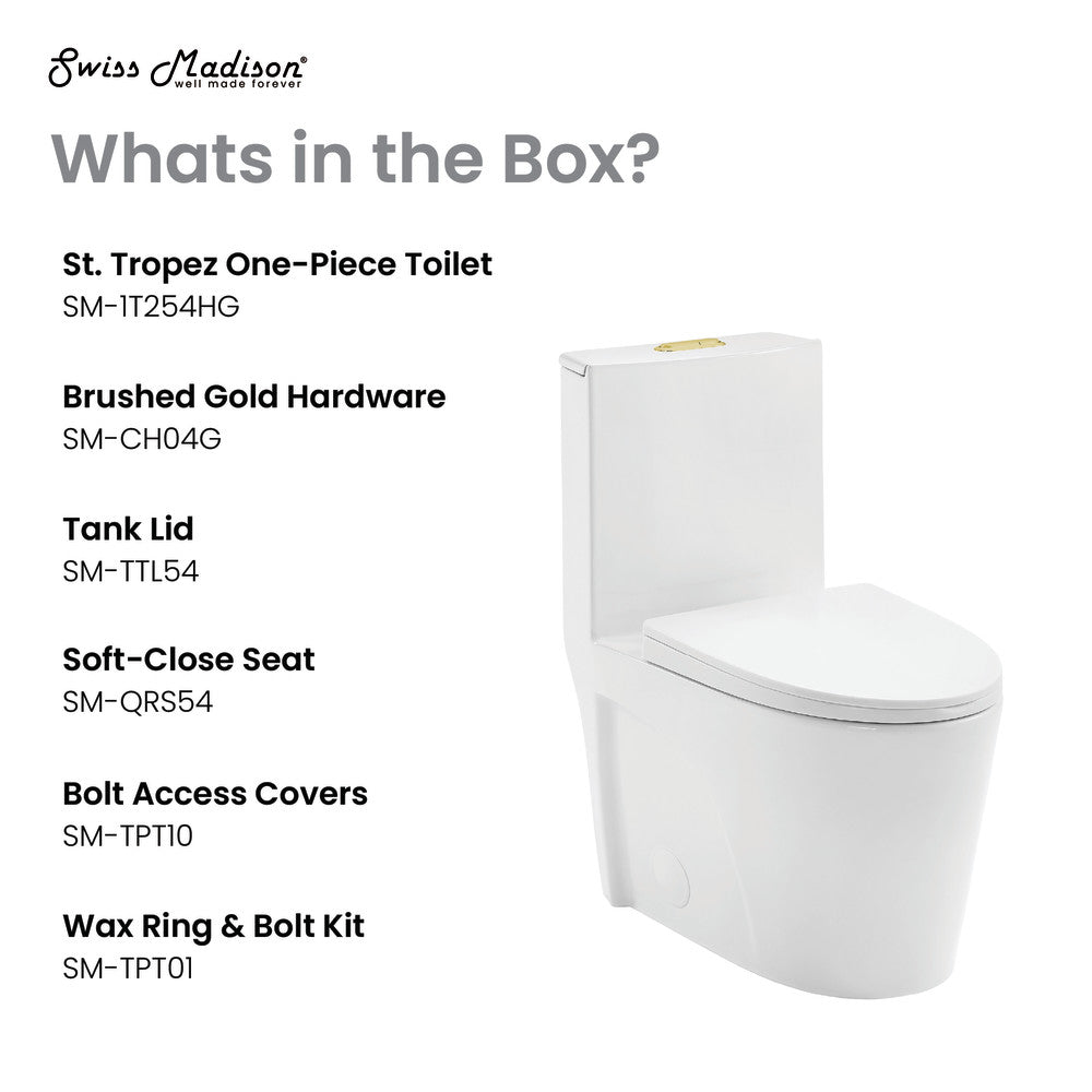 Swiss Madison St. Tropez One Piece Elongated Toilet Dual Vortex Flush, Gold Hardware
