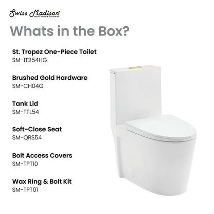 Swiss Madison St. Tropez One Piece Elongated Toilet Dual Vortex Flush, Gold Hardware