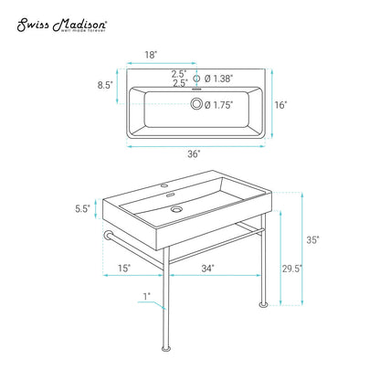 Swiss Madison Carre 36 Ceramic Console Sink White Basin Matte White Legs
