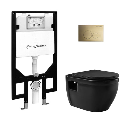 Swiss Madison Ivy Wall-Hung Toilet Bundle 0.8/1.6 GPF Dual Flush in Matte Black with Brass Flush Plate