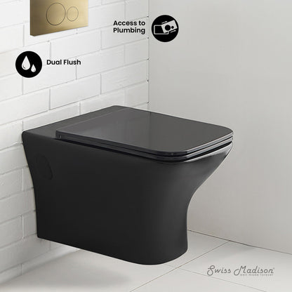 Swiss Madison Carre Wall-Hung Toilet Bundle 0.8/1.6 GPF Dual Flush in Matte Black with Brass Flush Plate