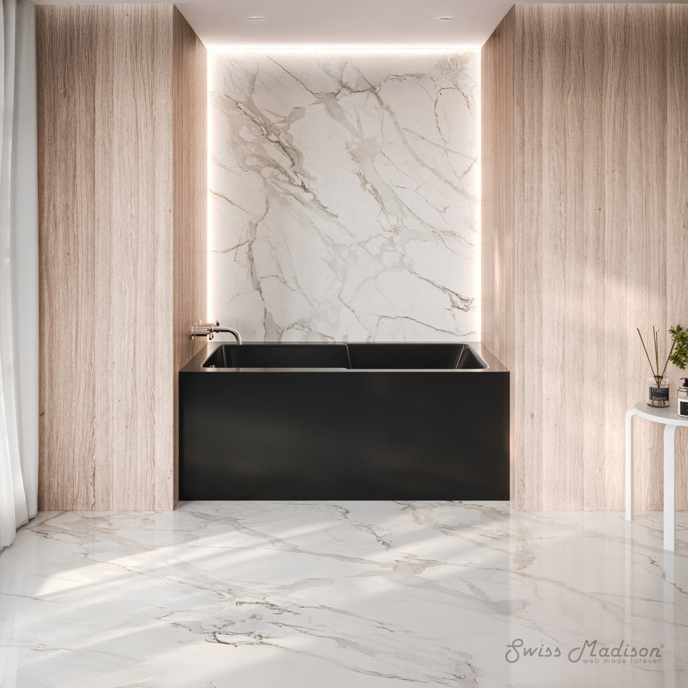 Swiss Madison Voltaire 54 x 30 Skirted Left Drain Soaking Alcove Bathtub in Glossy Black with Integrated Armrest
